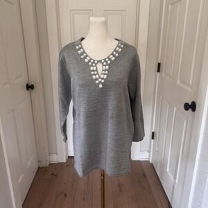 Cathy Daniels Silver Tunic‎ Blouse Rhinestone Embellished 3/4 Sleeve Teal XL